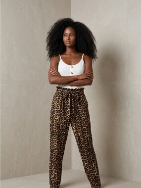 Leopard Print Paperbag Waist Pants - Brown